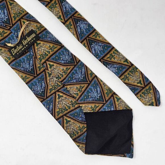 ELECTRIC NECKWEAR POWER SILK TIE BLUE GOLD FLORAL TRIANGLES WOVEN 4" X 60" - Picture 3 of 4